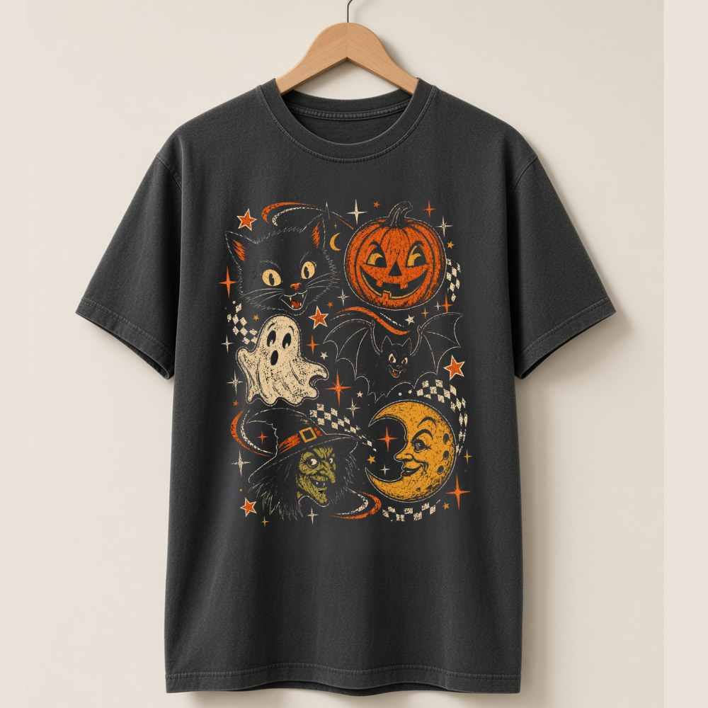 Comfort Colors Halloween Black Cat Pumpkin Ghost Bat Witch Moon T-Shirt